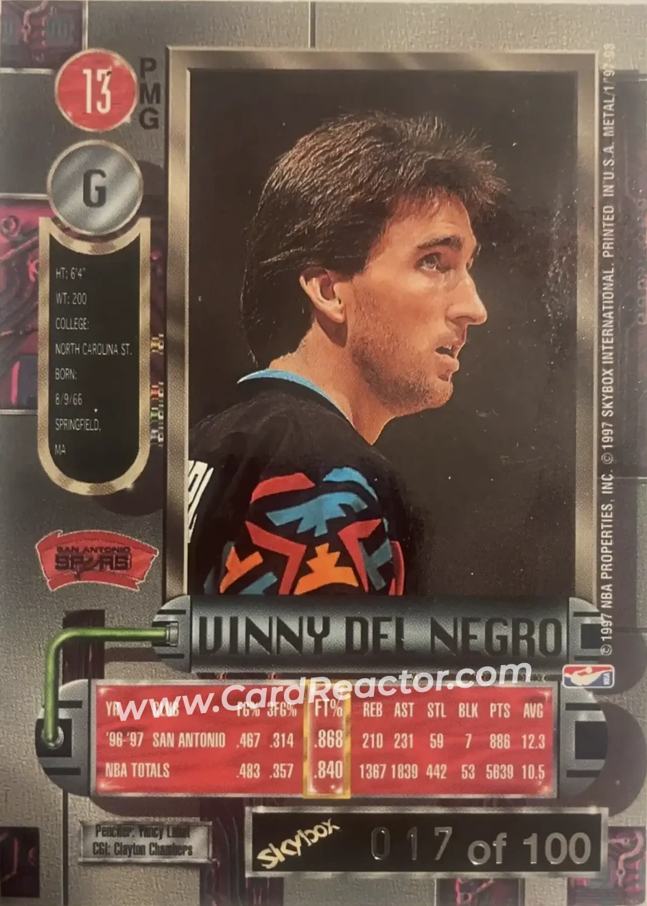 1997-98 Metal Universe - Precious Metal Gems Red #13 PMG - Vinny Del Negro - San Antonio Spurs - Back
