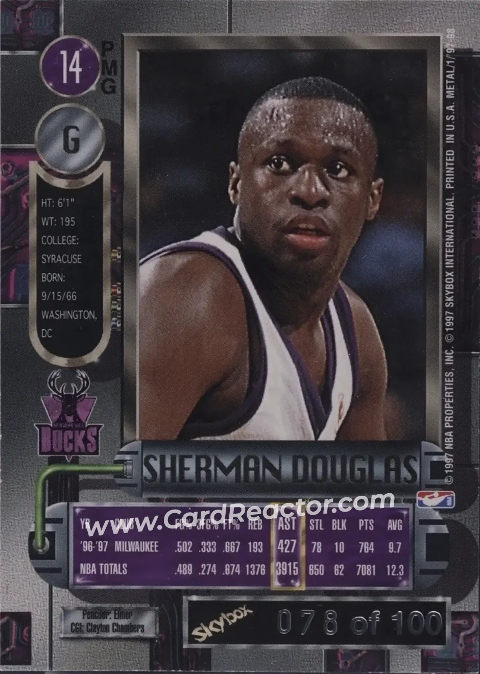 1997-98 Metal Universe - Precious Metal Gems Red #14 PMG - Sherman Douglas - Milwaukee Bucks - Back