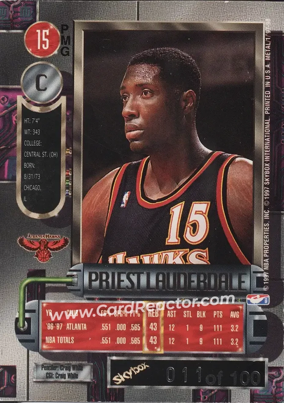 1997-98 Metal Universe - Precious Metal Gems Red #15 PMG - Priest Lauderdale - Atlanta Hawks - Back