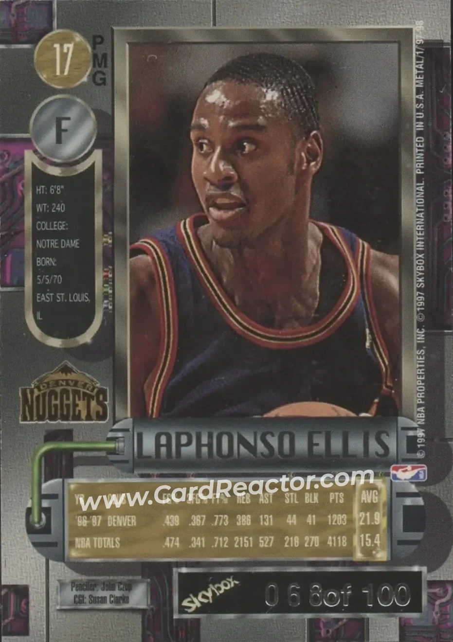 1997-98 Metal Universe - Precious Metal Gems Red #17 PMG - LaPhonso Ellis - Denver Nuggets - Back