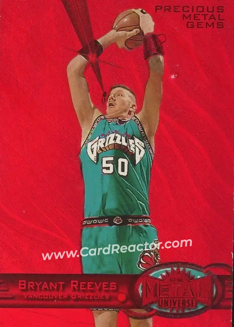 1997-98 Metal Universe - Precious Metal Gems Red #22 PMG - Bryant Reeves - Vancouver Grizzlies - Front 1997-98 Metal Universe - Precious Metal Gems Red #22 PMG - Bryant Reeves - Vancouver Grizzlies - Front