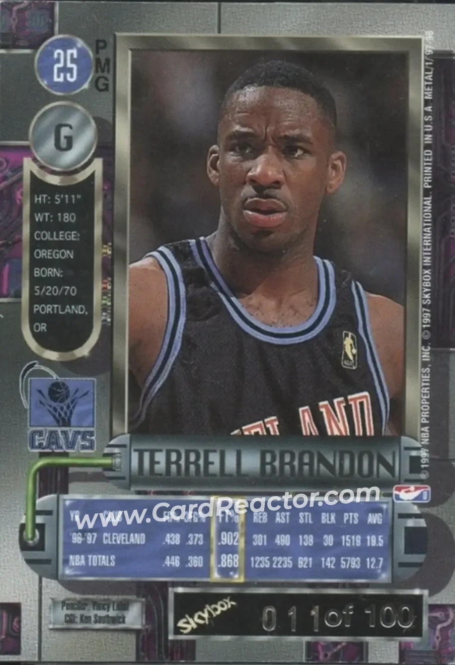 1997-98 Metal Universe - Precious Metal Gems Red #25 PMG - Terrell Brandon - Cleveland Cavaliers - Back