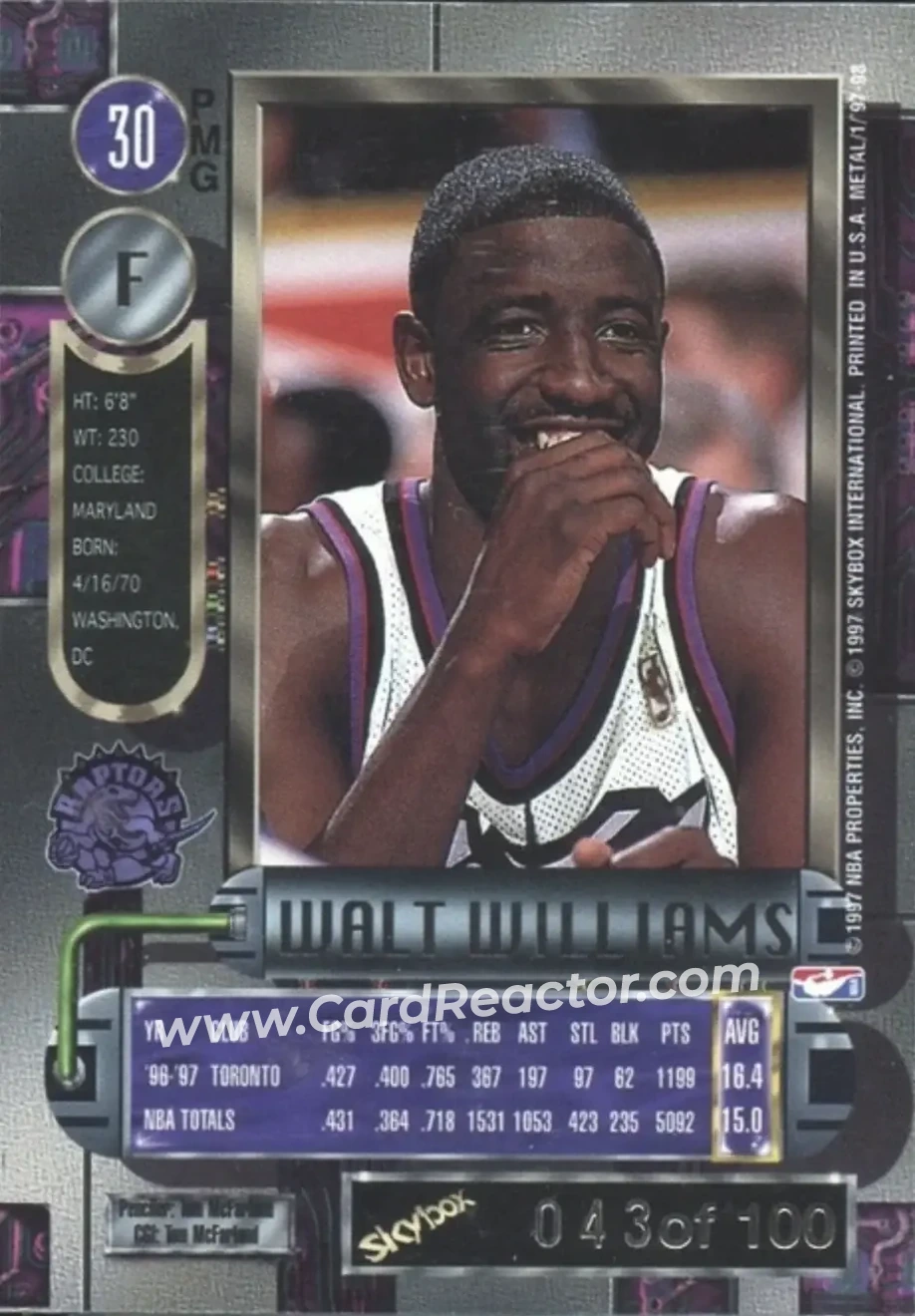 1997-98 Metal Universe - Precious Metal Gems Red #30 PMG - Walt Williams - Toronto Raptors - Back