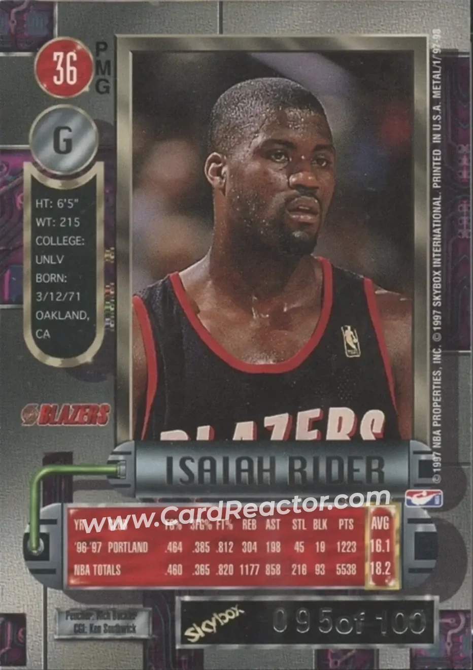 1997-98 Metal Universe - Precious Metal Gems Red #36 PMG - Isaiah Rider - Portland Trail Blazers - Back