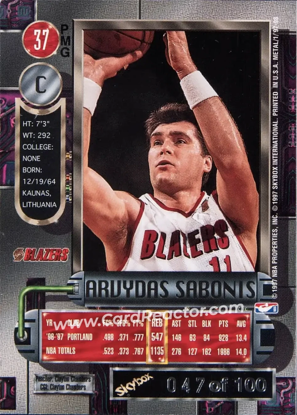 1997-98 Metal Universe - Precious Metal Gems Red #37 PMG - Arvydas Sabonis - Portland Trail Blazers - Back