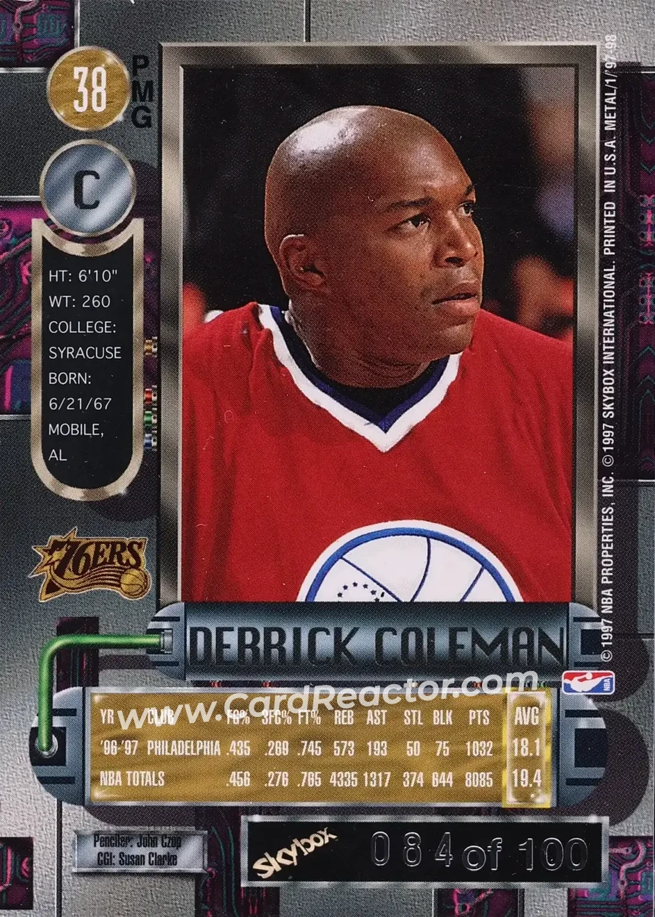 1997-98 Metal Universe - Precious Metal Gems Red #38 PMG - Derrick Coleman - Philadelphia 76ers - Back