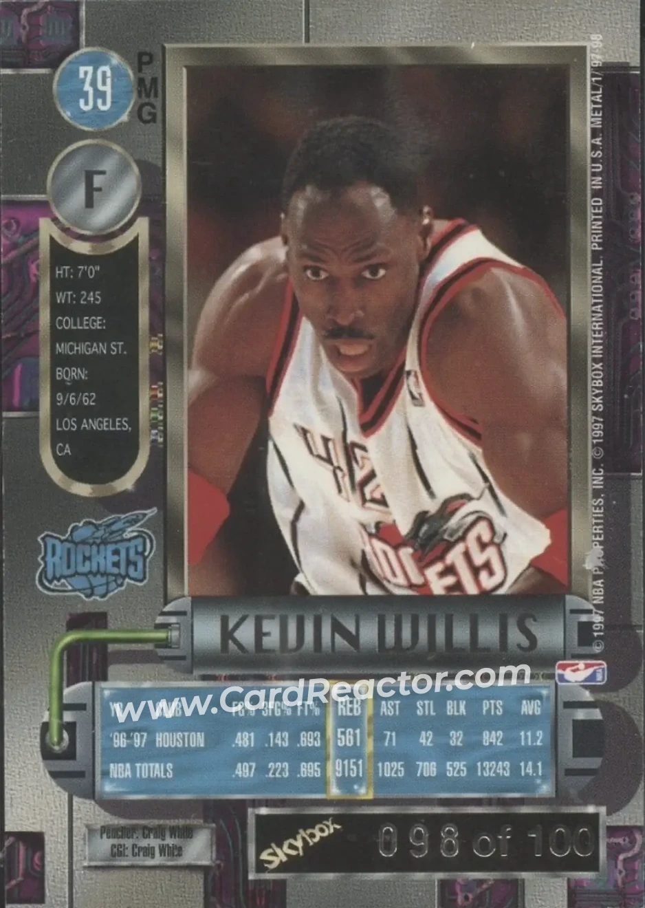 1997-98 Metal Universe - Precious Metal Gems Red #39 PMG - Kevin Willis - Houston Rockets - Back