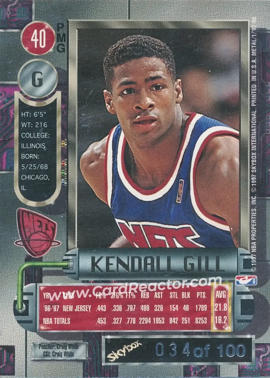 1997-98 Metal Universe - Precious Metal Gems Red #40 PMG - Kendall Gill - Charlotte Hornets - Back