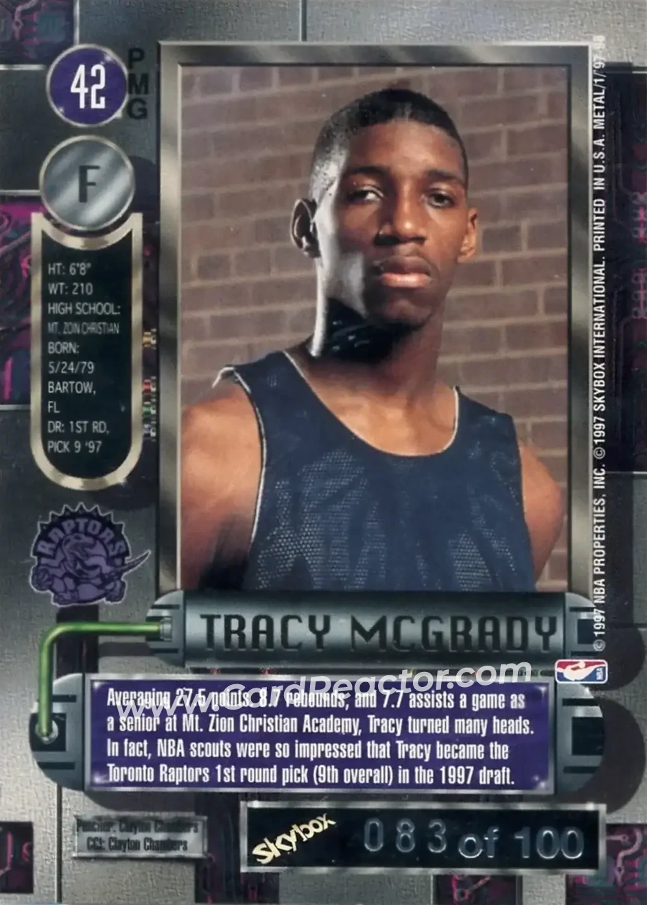 1997-98 Metal Universe - Precious Metal Gems Red #42 PMG - Tracy McGrady - Toronto Raptors - Back