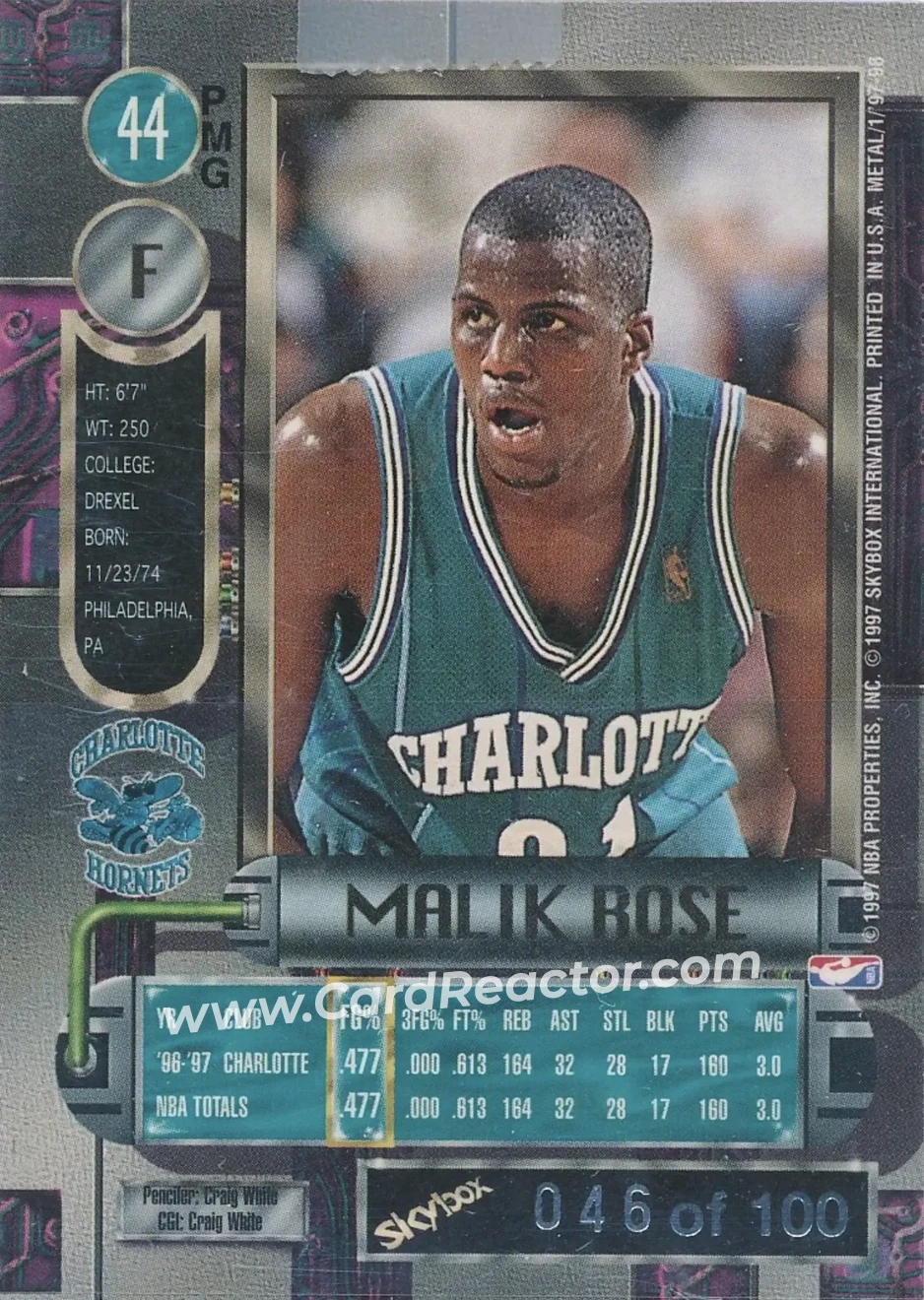 1997-98 Metal Universe - Precious Metal Gems Red #44 PMG - Malik Rose - Charlotte Hornets - Back