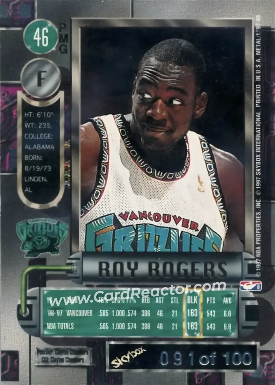 1997-98 Metal Universe - Precious Metal Gems Red #46 PMG - Roy Rogers - Vancouver Grizzlies - Back