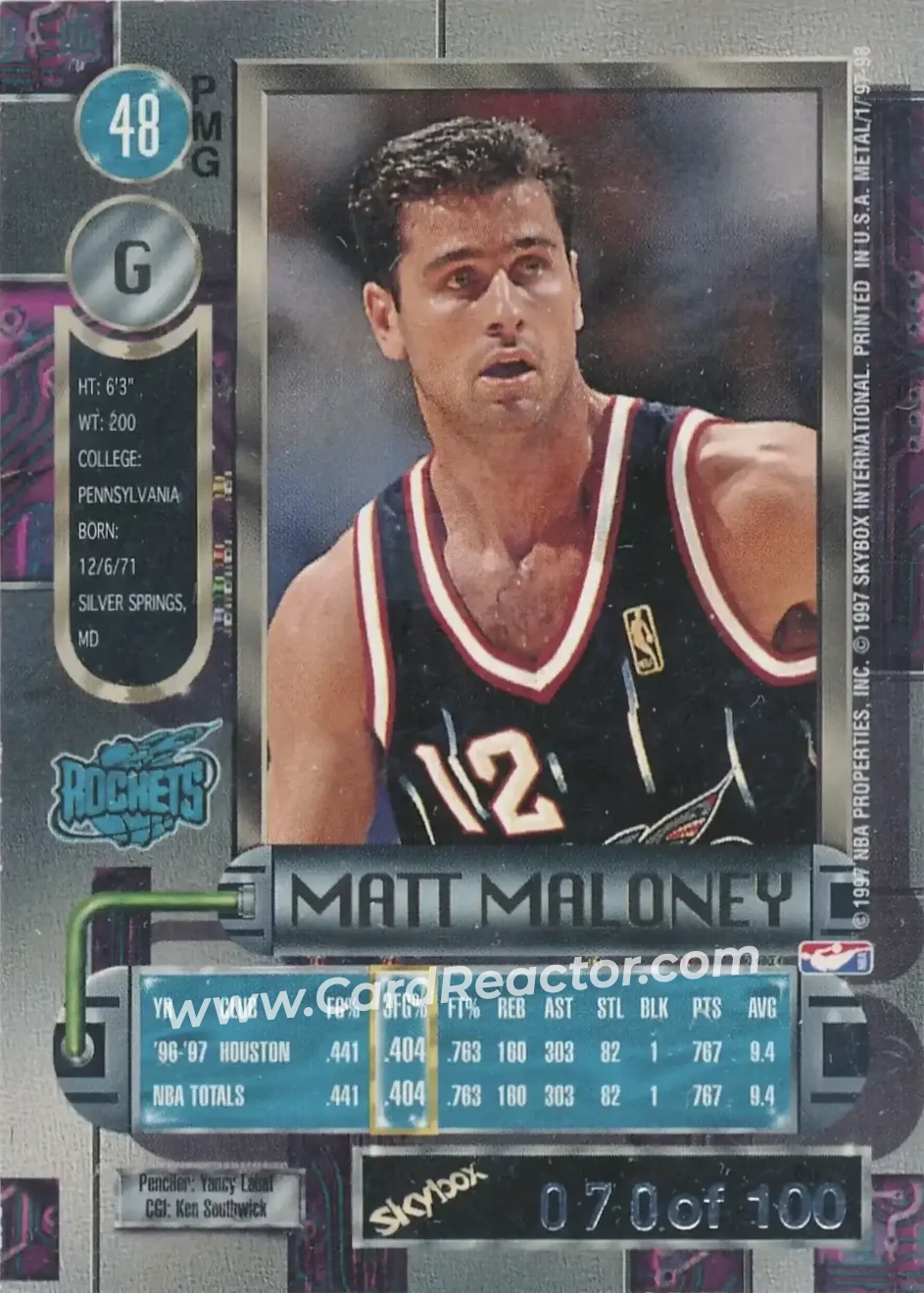 1997-98 Metal Universe - Precious Metal Gems Red #48 PMG - Matt Maloney - Houston Rockets - Back