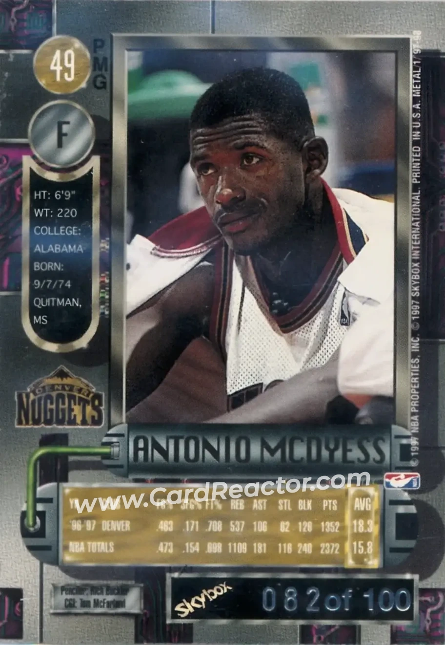 1997-98 Metal Universe - Precious Metal Gems Red #49 PMG - Antonio McDyess - Denver Nuggets - Back