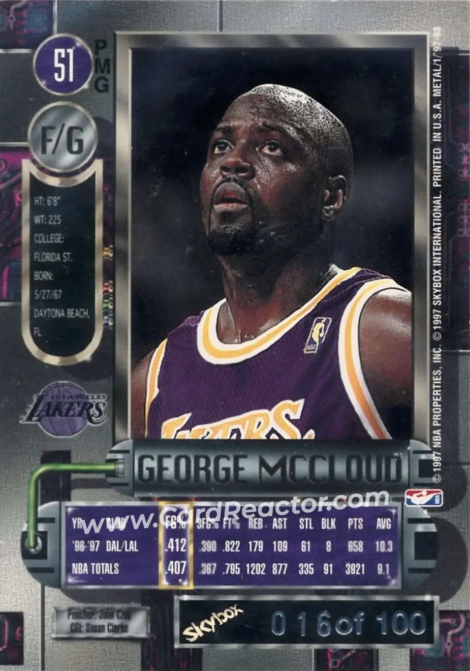 1997-98 Metal Universe - Precious Metal Gems Red #51 PMG - George McCloud - Los Angeles Lakers - Back