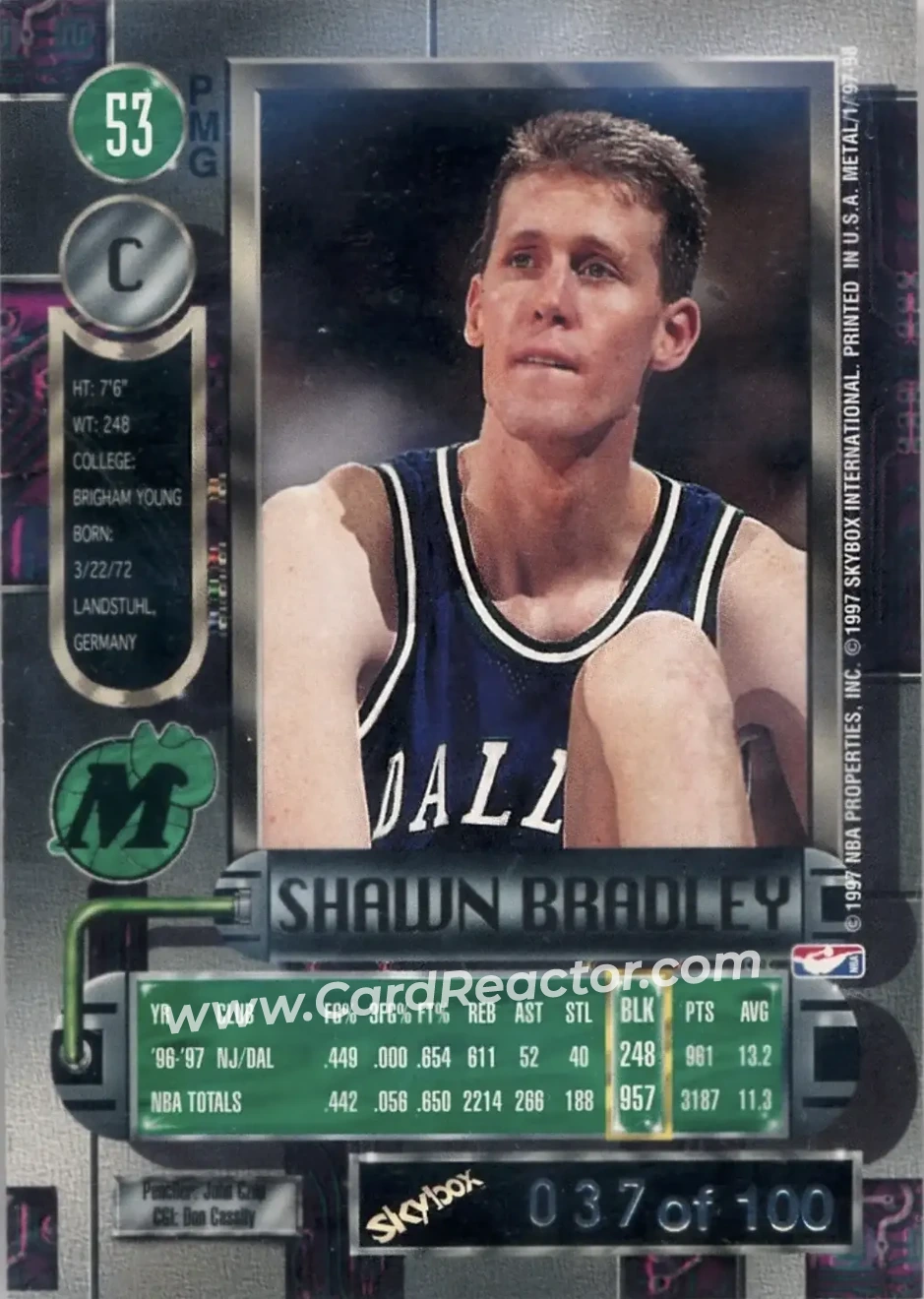 1997-98 Metal Universe - Precious Metal Gems Red #53 PMG - Shawn Bradley - Dallas Mavericks - Back