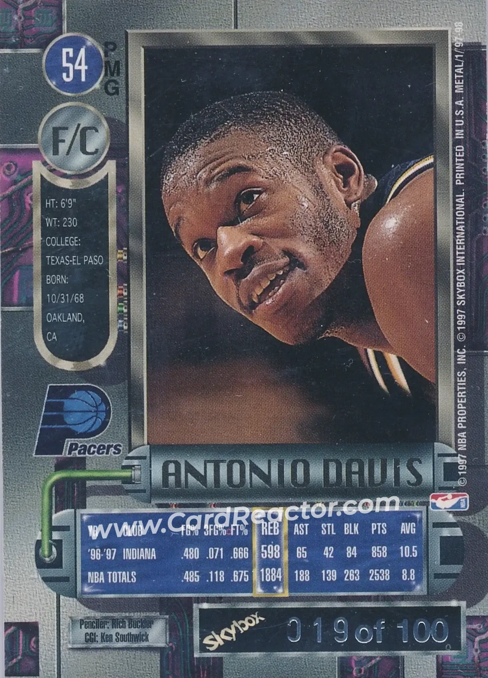 1997-98 Metal Universe - Precious Metal Gems Red #54 PMG - Antonio Davis - Indiana Pacers - Back