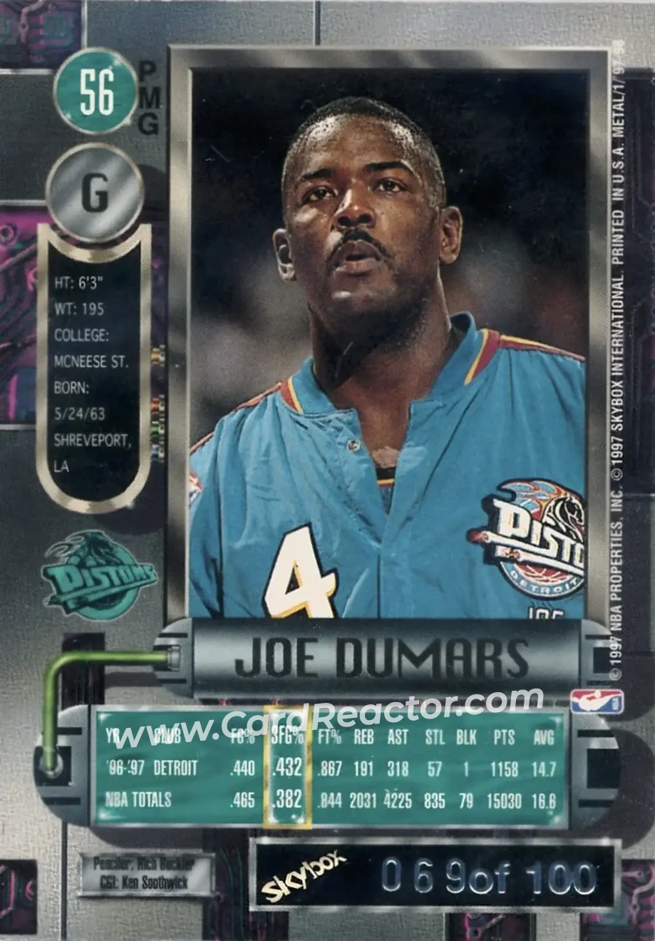 1997-98 Metal Universe - Precious Metal Gems Red #56 PMG - Joe Dumars - Detroit Pistons - Back