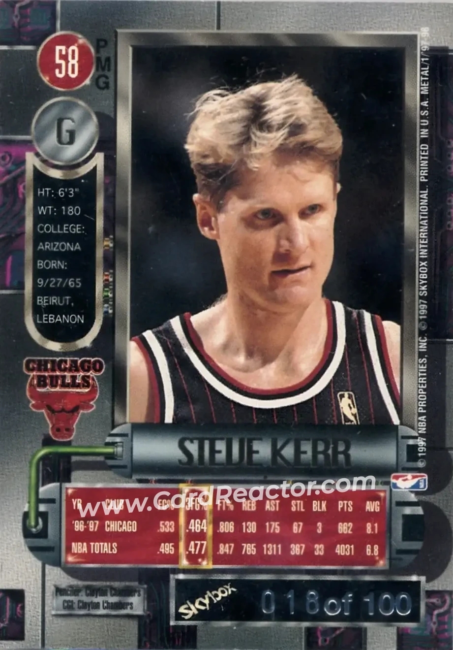 1997-98 Metal Universe - Precious Metal Gems Red #58 PMG - Steve Kerr - Chicago Bulls - Back