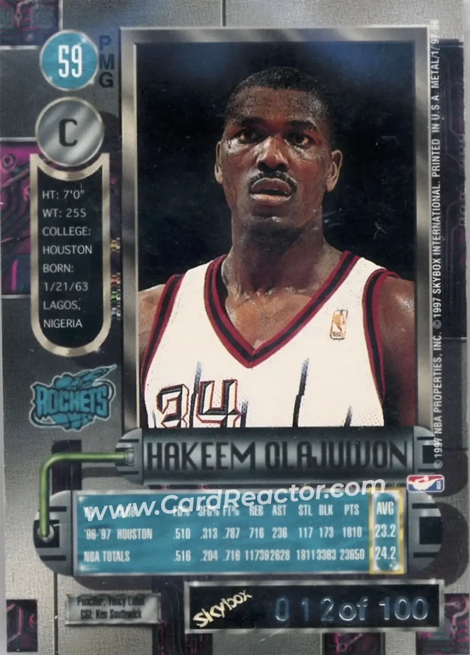 1997-98 Metal Universe - Precious Metal Gems Red #59 PMG - Hakeem Olajuwon - Houston Rockets - Back