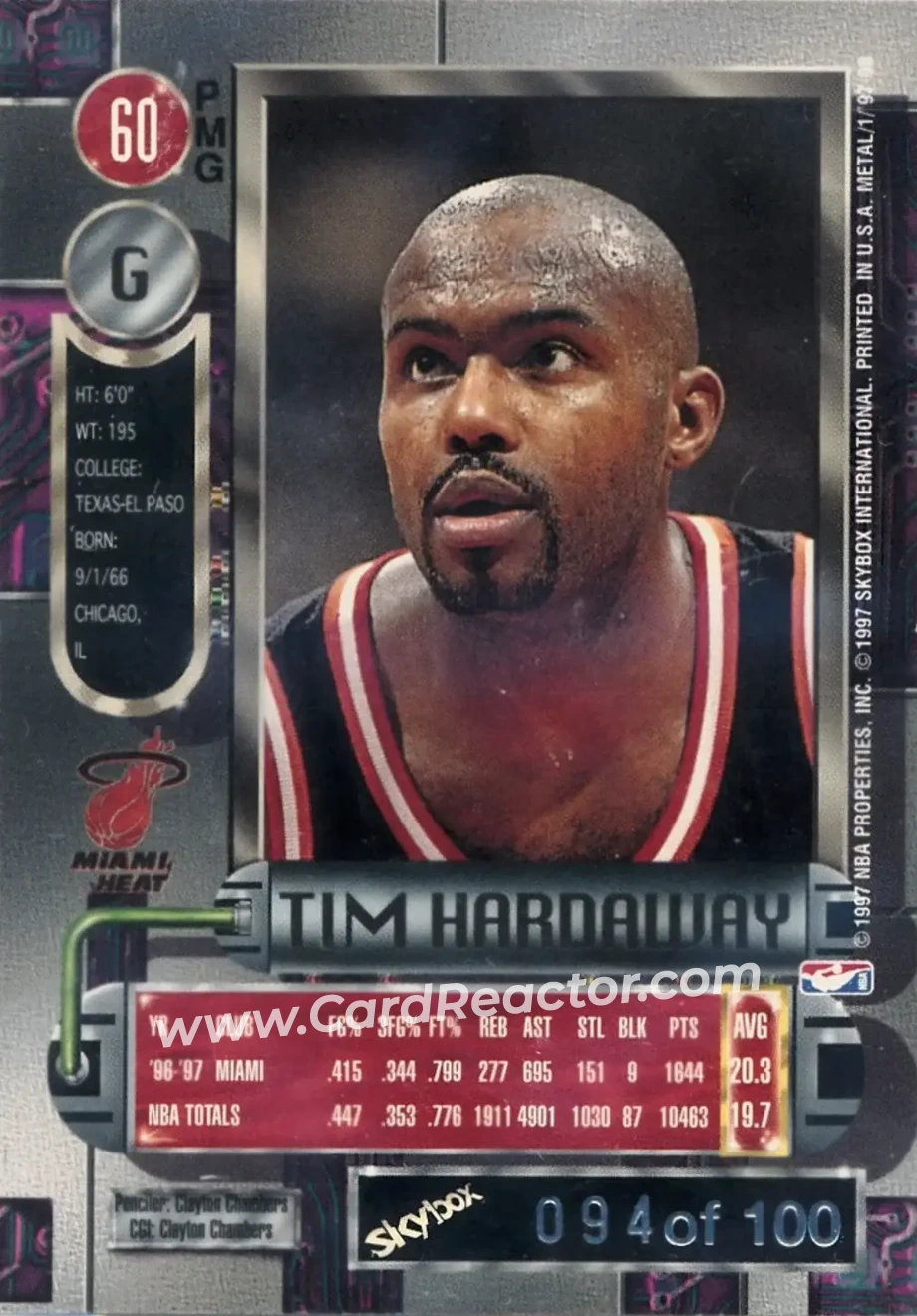 1997-98 Metal Universe - Precious Metal Gems Red #60 PMG - Tim Hardaway - Miami Heat - Back