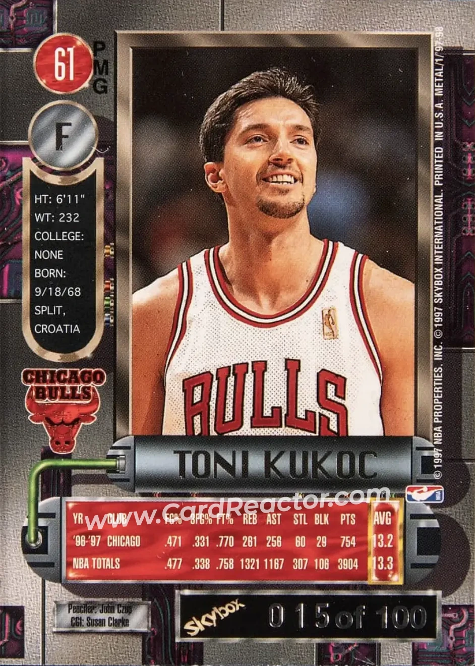 1997-98 Metal Universe - Precious Metal Gems Red #61 PMG - Toni Kukoc - Chicago Bulls - Back