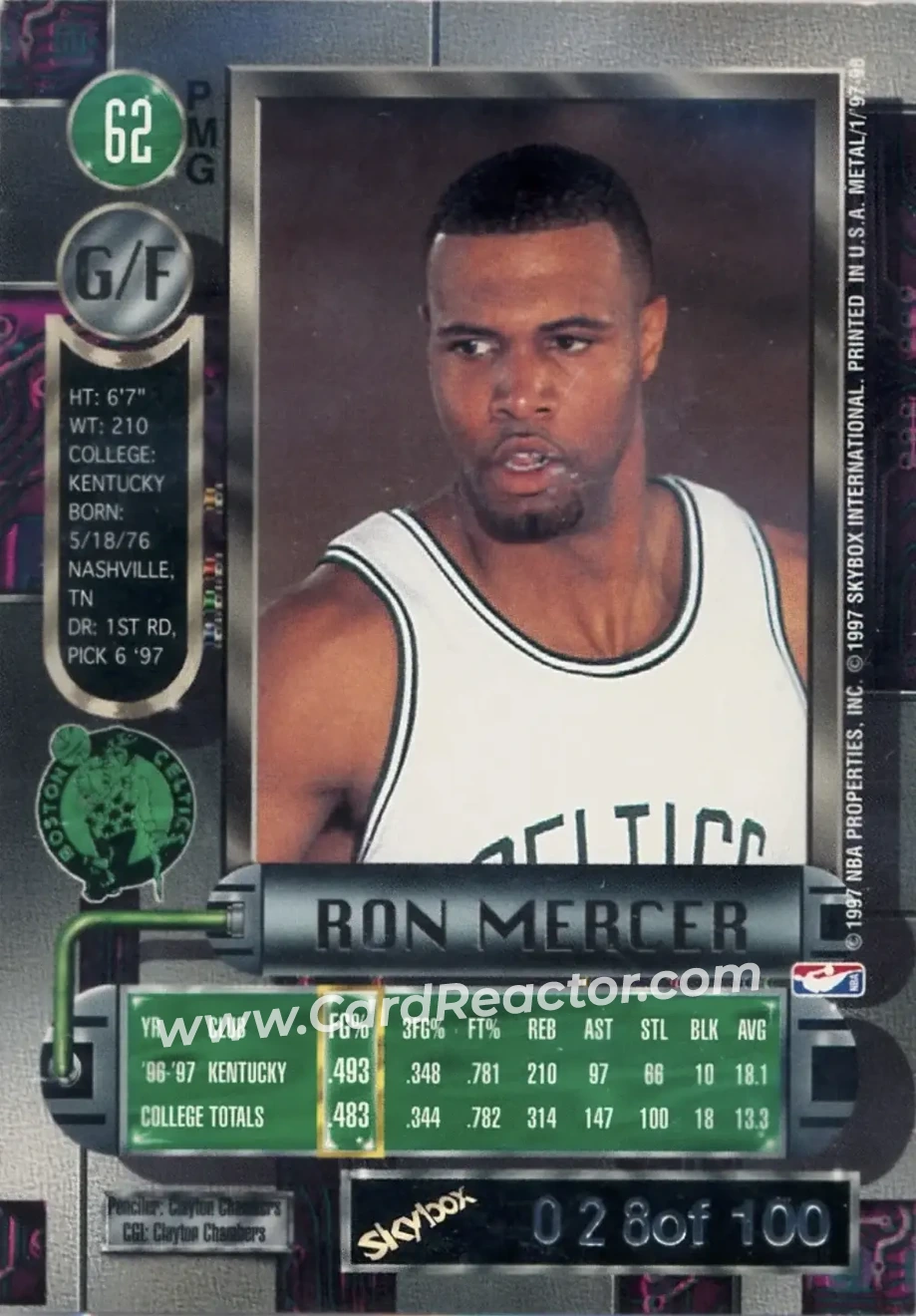 1997-98 Metal Universe - Precious Metal Gems Red #62 PMG - Ron Mercer - Boston Celtics - Back
