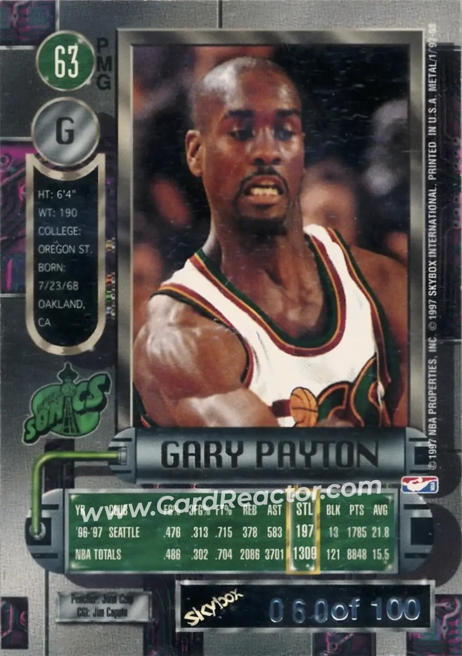 1997-98 Metal Universe - Precious Metal Gems Red #63 PMG - Gary Payton - Seattle SuperSonics - Back