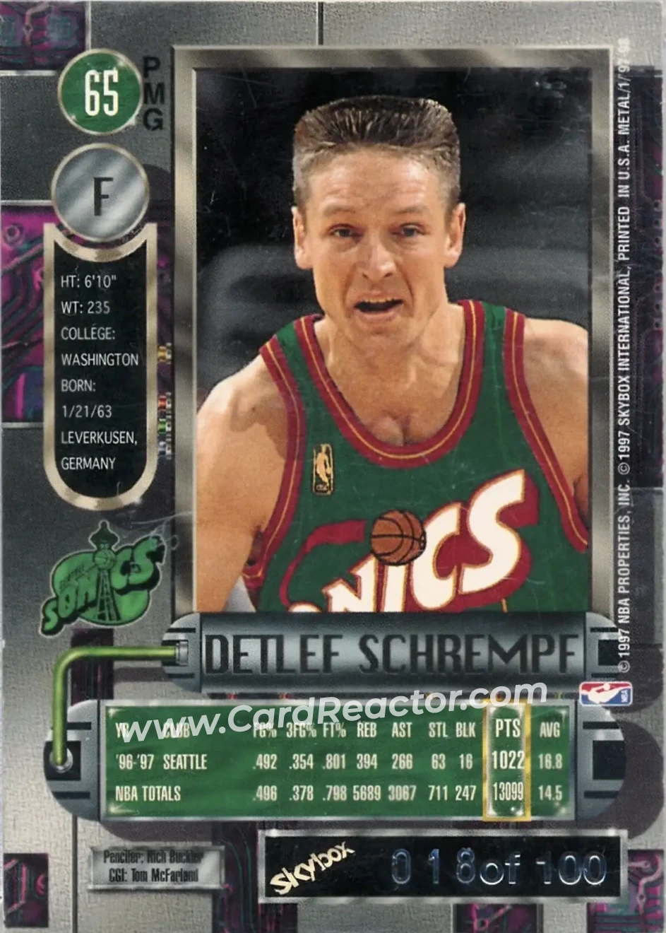 1997-98 Metal Universe - Precious Metal Gems Red #65 PMG - Detlef Schrempf - Seattle SuperSonics - Back