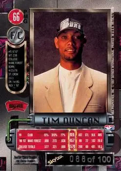1997-98 Metal Universe - Precious Metal Gems Red #66 PMG - Tim Duncan - San Antonio Spurs - Back