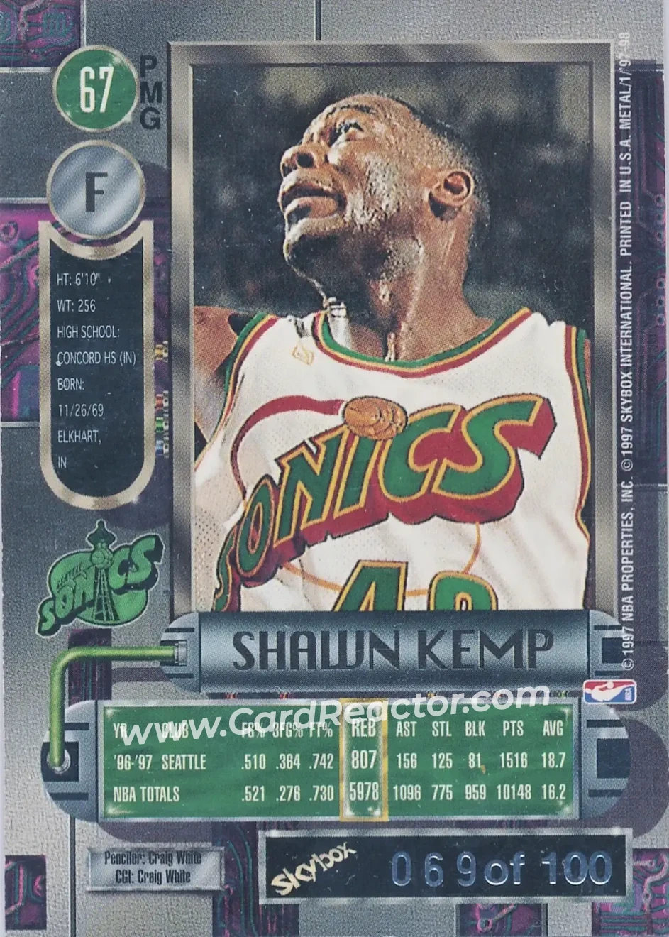 1997-98 Metal Universe - Precious Metal Gems Red #67 PMG - Shawn Kemp - Seattle SuperSonics - Back