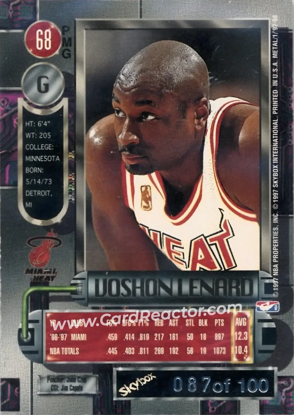 1997-98 Metal Universe - Precious Metal Gems Red #68 PMG - Voshon Lenard - Miami Heat - Back