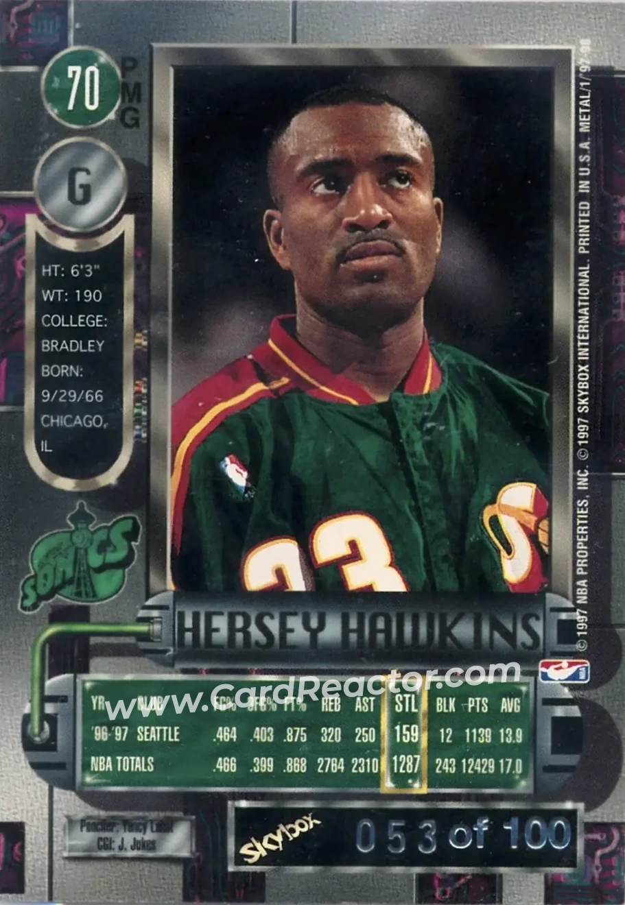 1997-98 Metal Universe - Precious Metal Gems Red #70 PMG - Hersey Hawkins - Seattle SuperSonics - Back