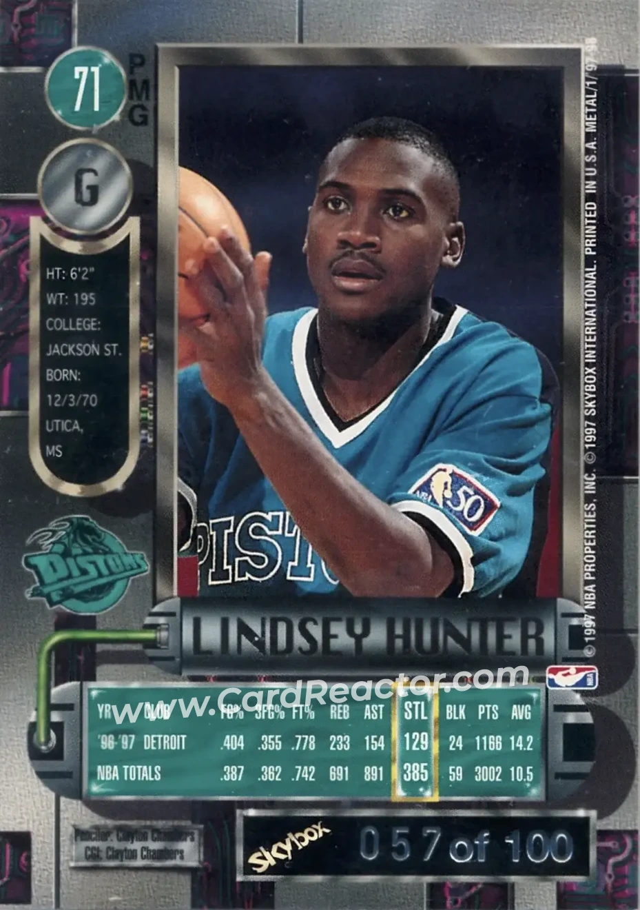 1997-98 Metal Universe - Precious Metal Gems Red #71 PMG - Lindsey Hunter - Detroit Pistons - Back