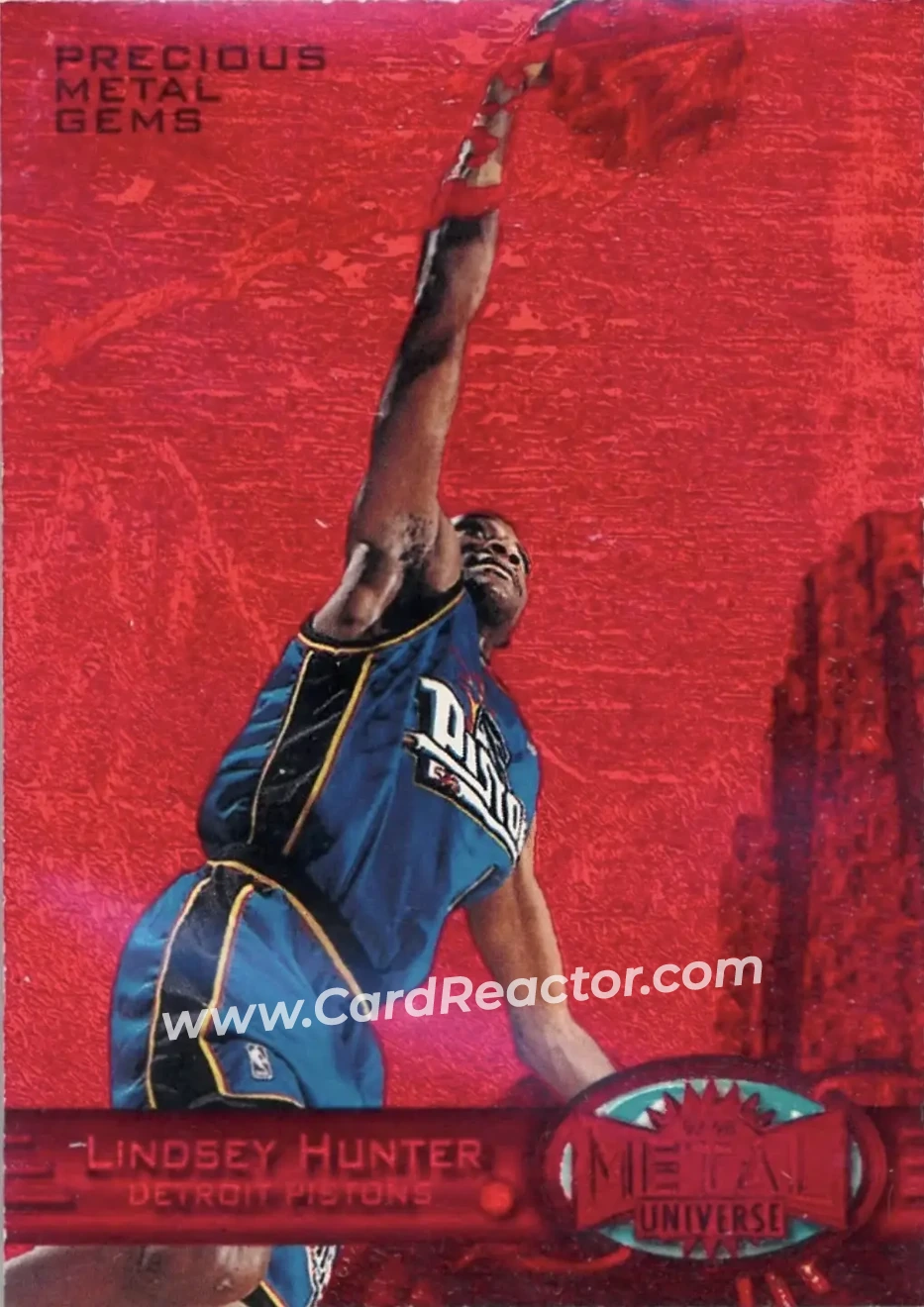 1997-98 Metal Universe - Precious Metal Gems Red #71 PMG - Lindsey Hunter - Detroit Pistons - Front