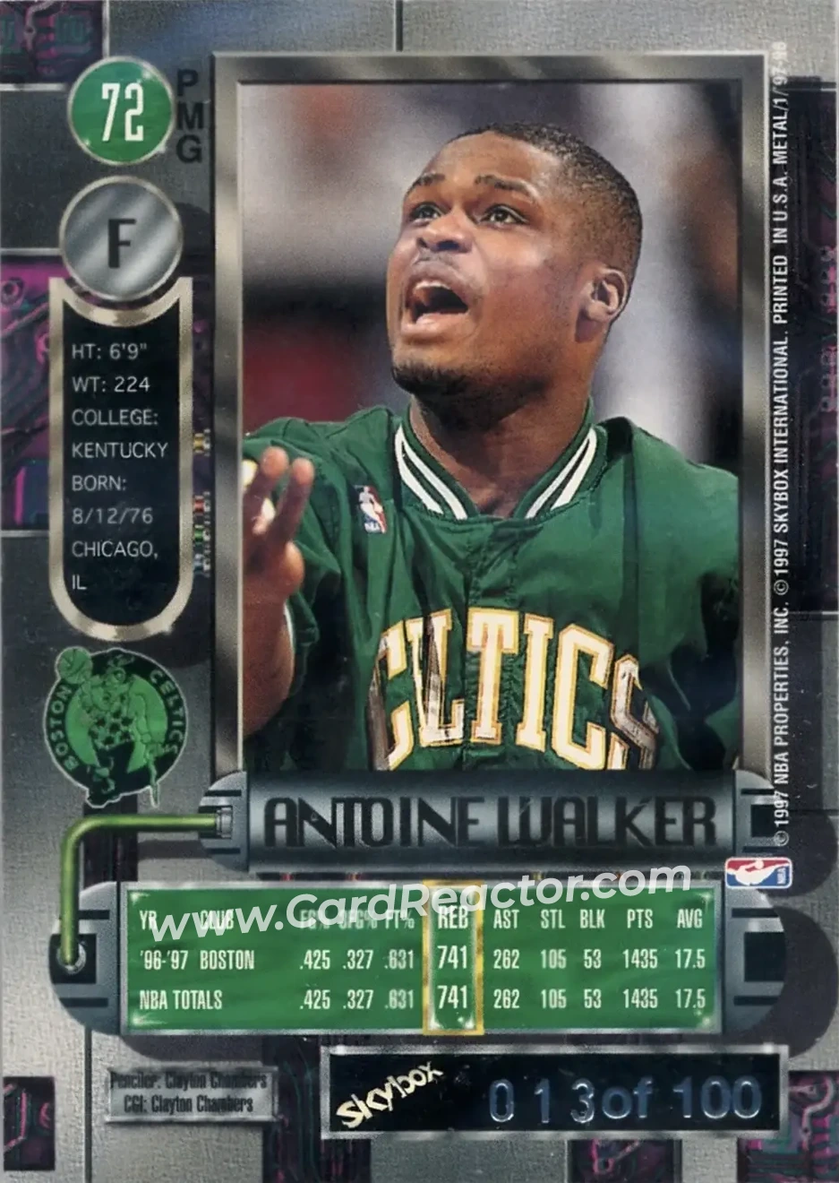 1997-98 Metal Universe - Precious Metal Gems Red #72 PMG - Antoine Walker - Boston Celtics - Back