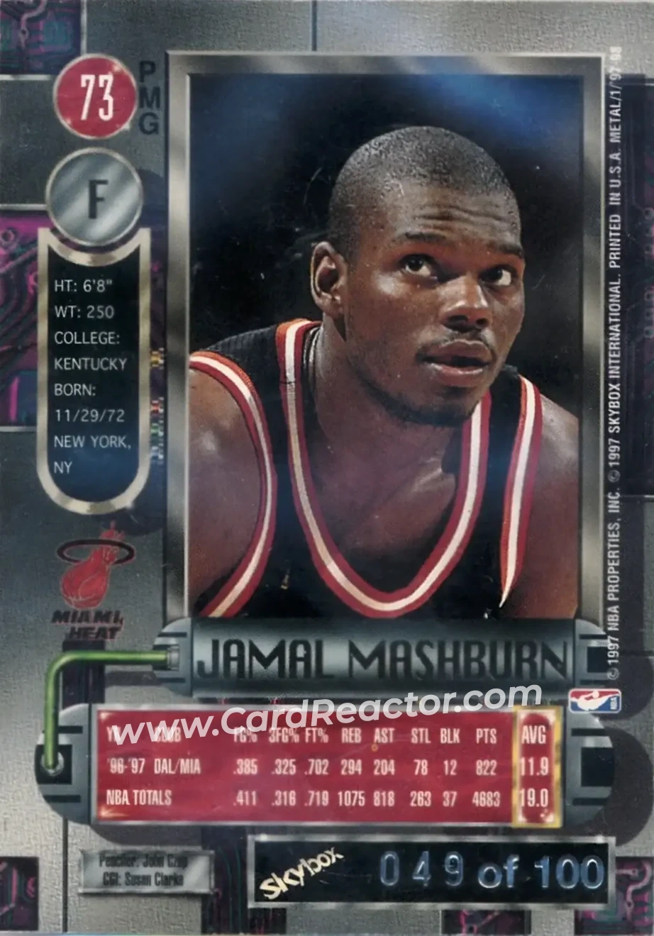 1997-98 Metal Universe - Precious Metal Gems Red #73 PMG - Jamal Mashburn - Miami Heat - Back