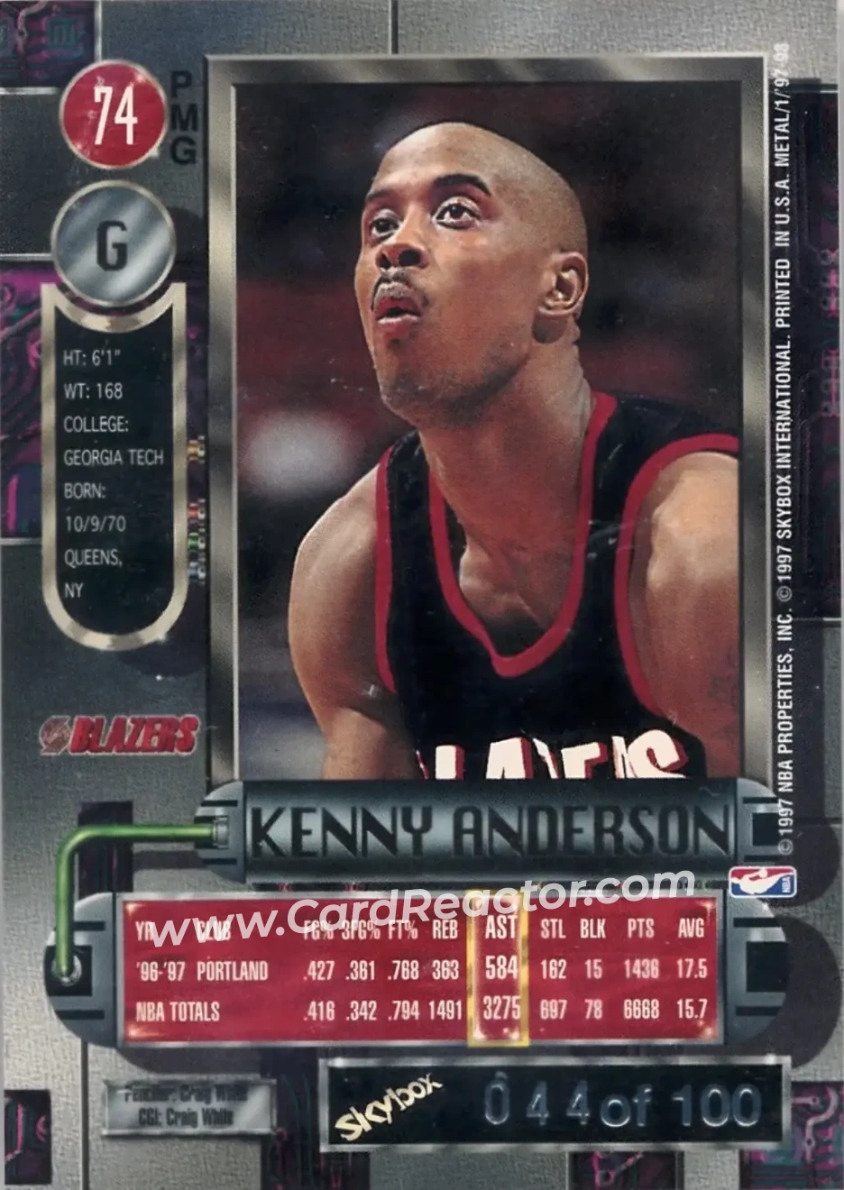 1997-98 Metal Universe - Precious Metal Gems Red #74 PMG - Kenny Anderson - New Jersey Nets - Back