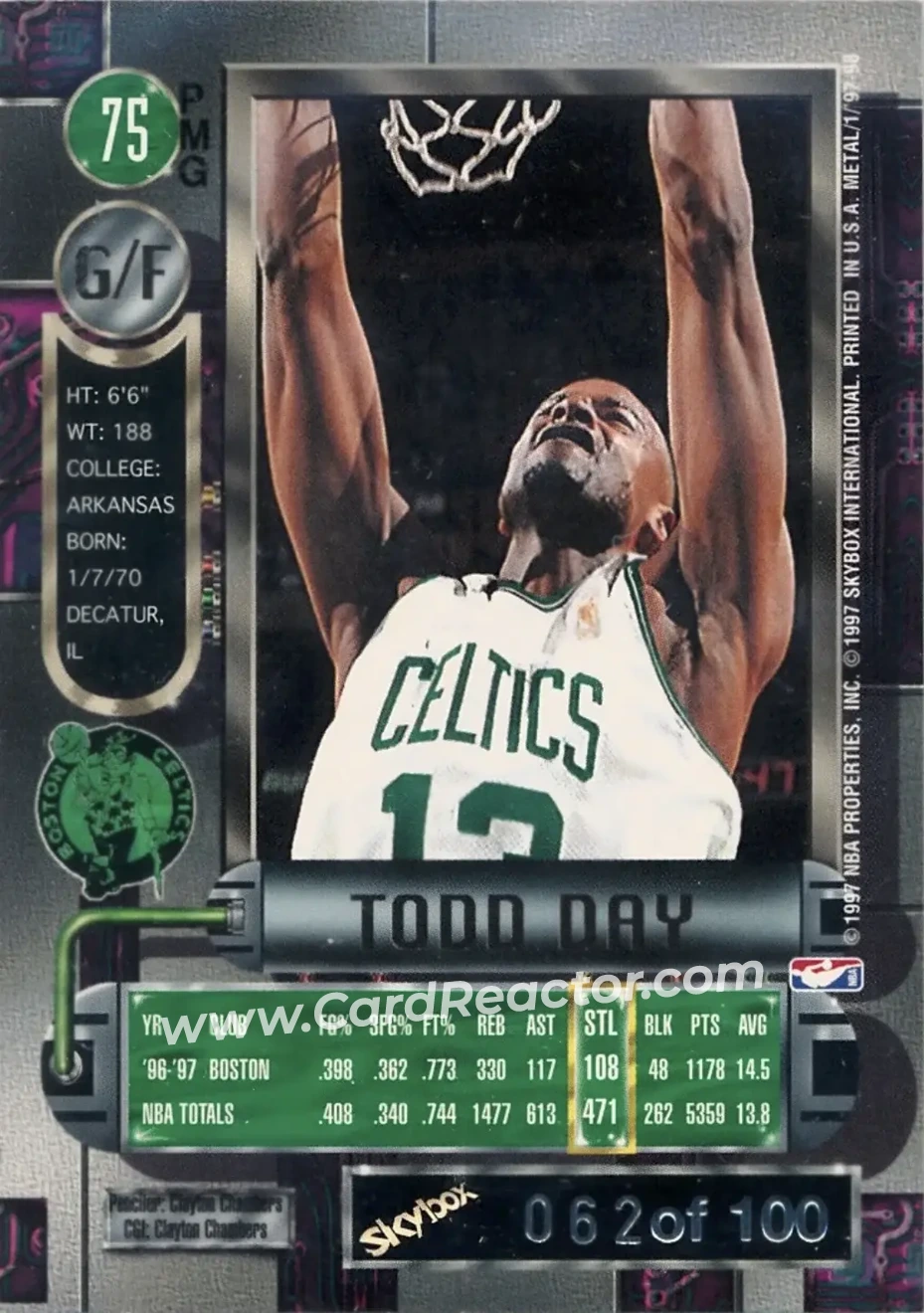 1997-98 Metal Universe - Precious Metal Gems Red #75 PMG - Todd Day - Boston Celtics - Back