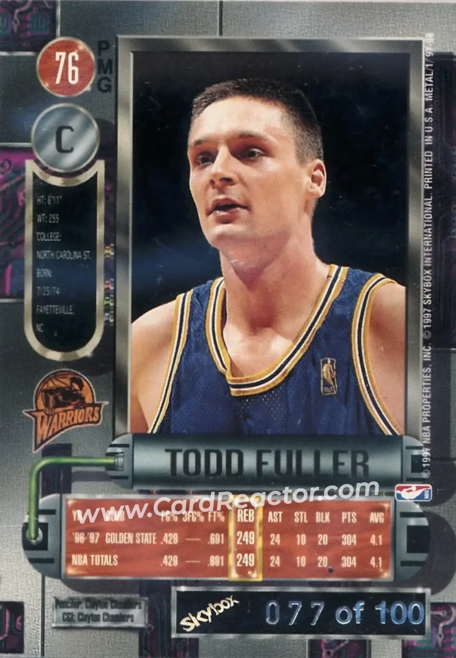 1997-98 Metal Universe - Precious Metal Gems Red #76 PMG - Todd Fuller - Golden State Warriors - Back