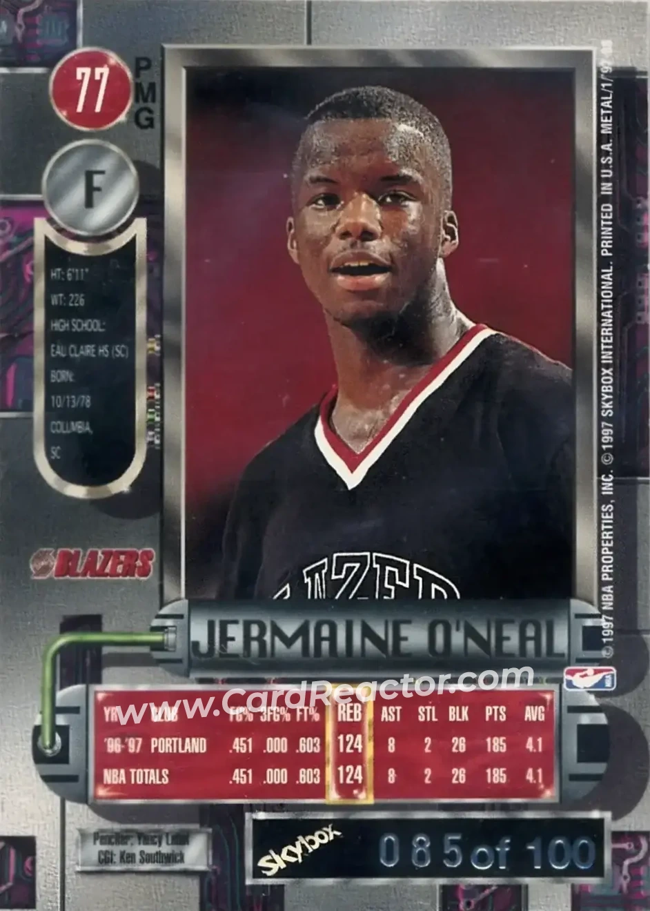 1997-98 Metal Universe - Precious Metal Gems Red #77 PMG - Jermaine O'Neal - Indiana Pacers - Back