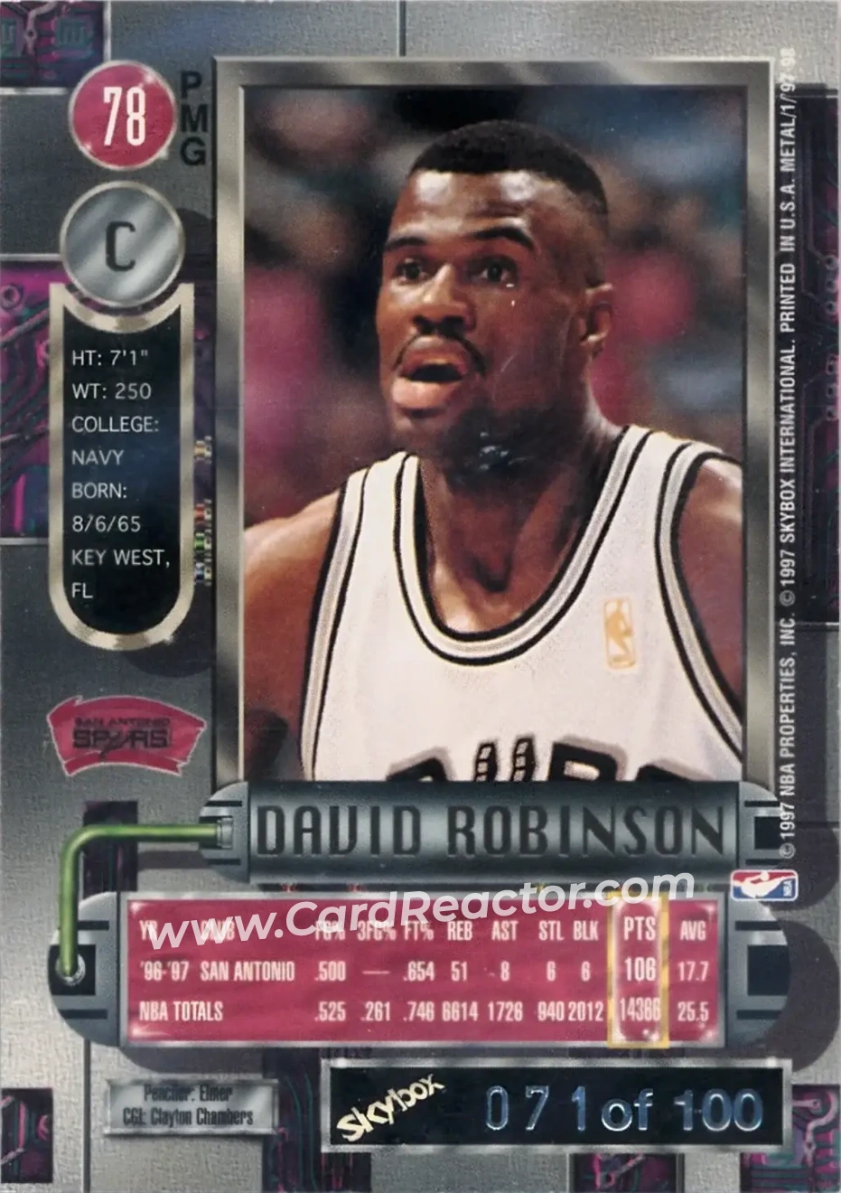 1997-98 Metal Universe - Precious Metal Gems Red #78 PMG - David Robinson - San Antonio Spurs - Back
