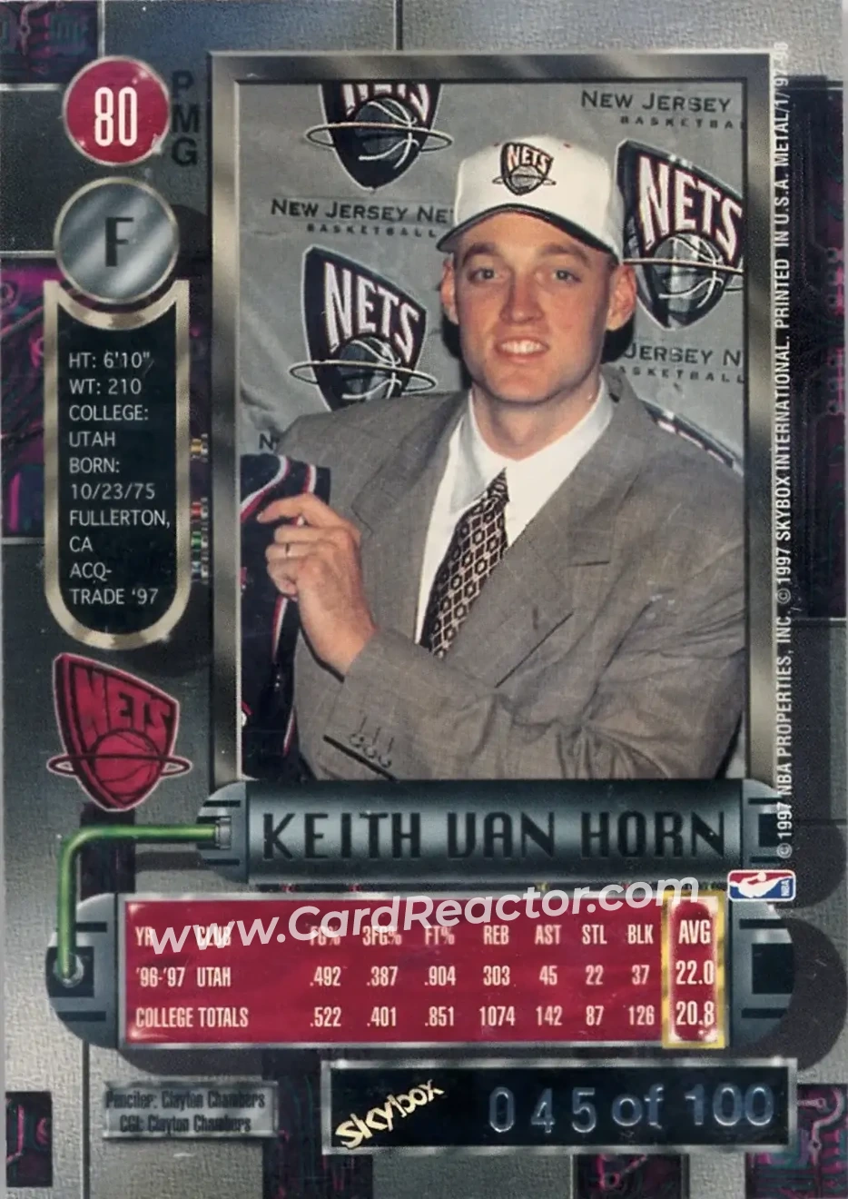 1997-98 Metal Universe - Precious Metal Gems Red #80 PMG - Keith Van Horn - New Jersey Nets - Back