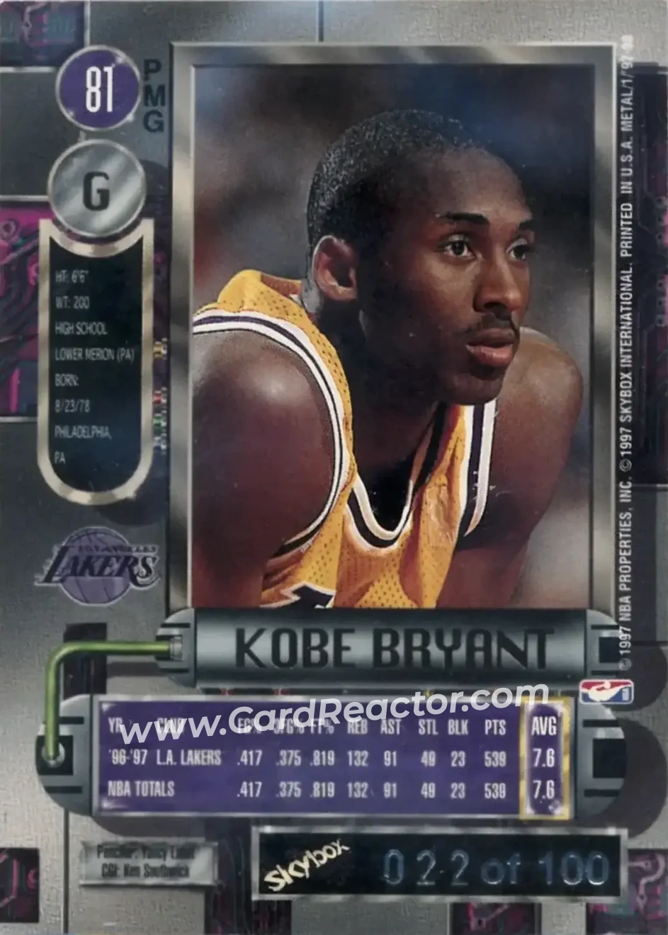 1997-98 Metal Universe - Precious Metal Gems Red #81 PMG - Kobe Bryant - Los Angeles Lakers - Back