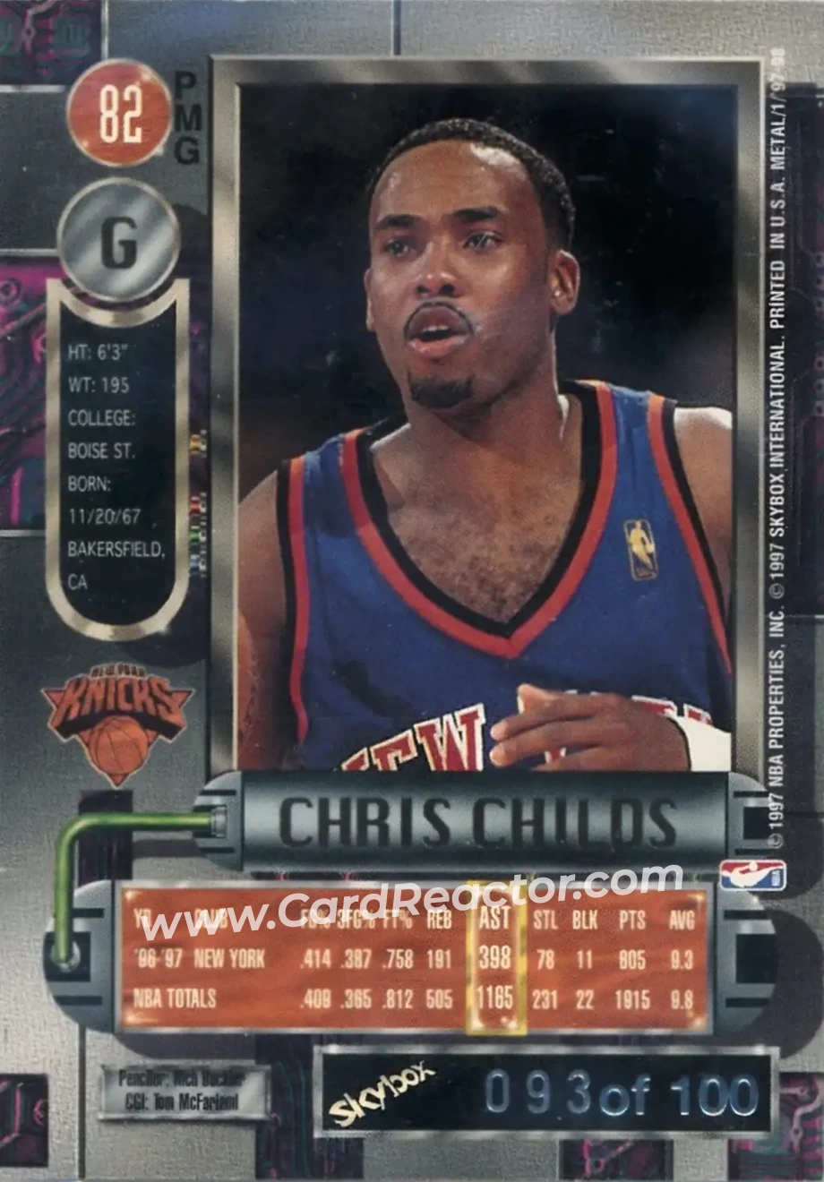 1997-98 Metal Universe - Precious Metal Gems Red #82 PMG - Chris Childs - New York Knicks - Back