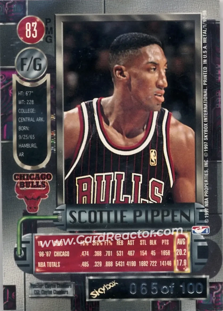 1997-98 Metal Universe - Precious Metal Gems Red #83 PMG - Scottie Pippen - Chicago Bulls - Back