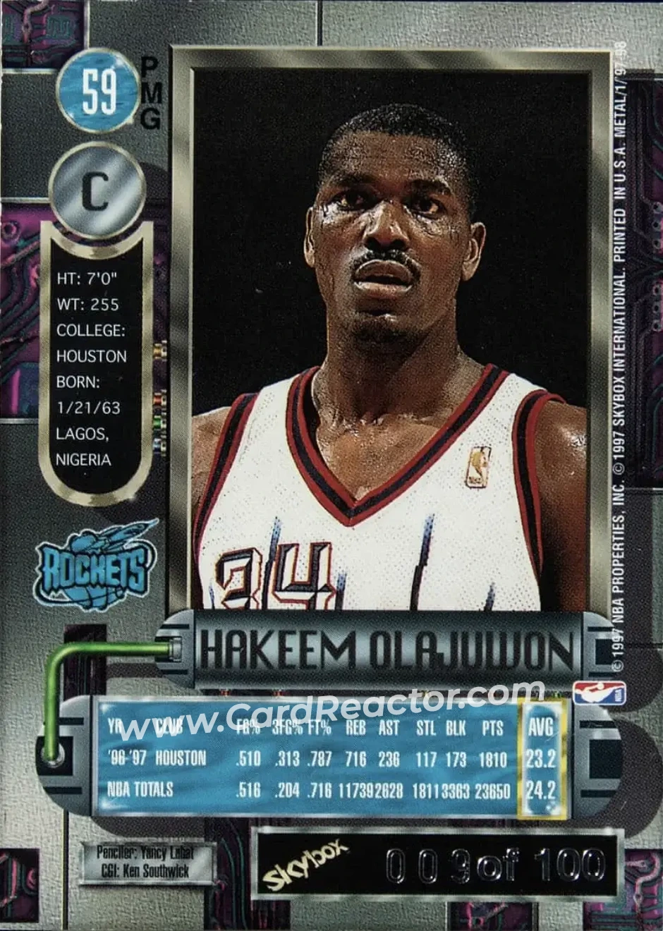 1997-98 Metal Universe - Precious Metal Gems Emerald #59 PMG - Hakeem Olajuwon - Houston Rockets - Back