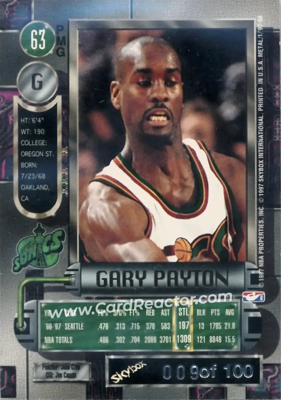 1997-98 Metal Universe - Precious Metal Gems Emerald #63 PMG - Gary Payton - Seattle SuperSonics - Back