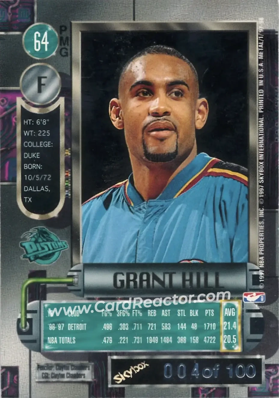 1997-98 Metal Universe - Precious Metal Gems Emerald #64 PMG - Grant Hill - Detroit Pistons - Back