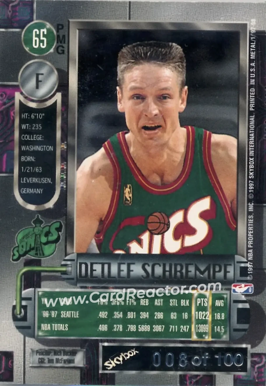1997-98 Metal Universe - Precious Metal Gems Emerald #65 PMG - Detlef Schrempf - Seattle SuperSonics - Back