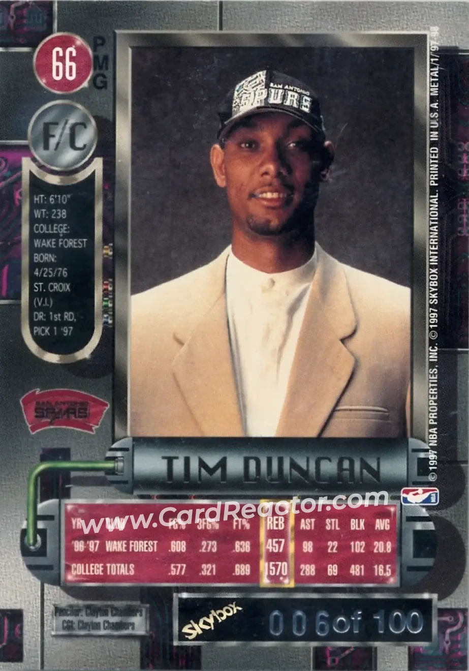 1997-98 Metal Universe - Precious Metal Gems Emerald #66 PMG - Tim Duncan - San Antonio Spurs - Back 1997-98 Metal Universe - Precious Metal Gems Emerald #66 PMG - Tim Duncan - San Antonio Spurs - Back